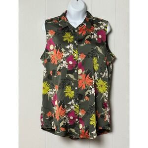 Banana Republic Women's Dillon Shirt Olive Green Floral Sleeveless Blouse Size L